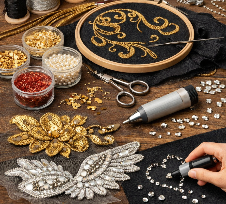 Craft Design Tips: Sequin Appliqués, Rhinestones, and Corded Embroidery