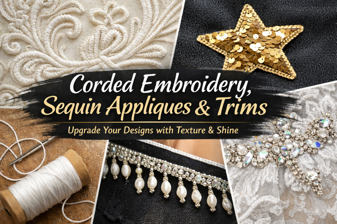 Rhinestone and Sequin Appliques with Corded Stitching