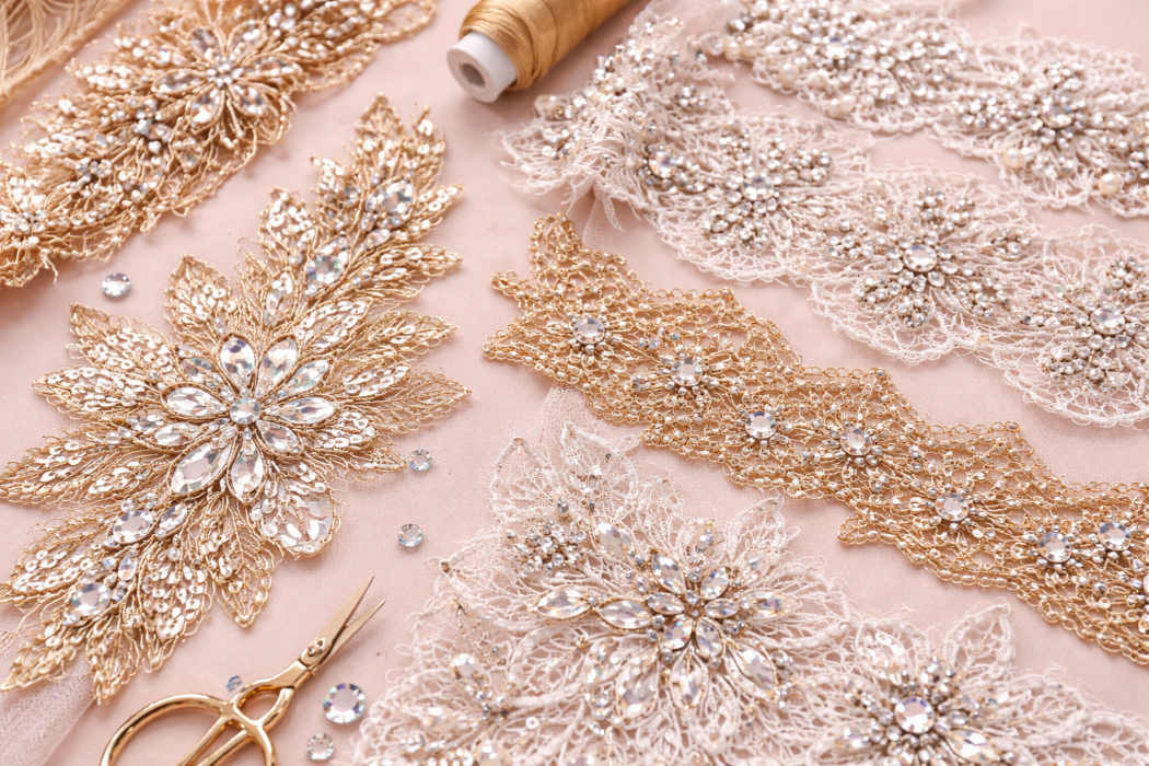 Quick Fix for Stunning Designs: Sequin Appliques and Lace Trims with Rhinestone Accents