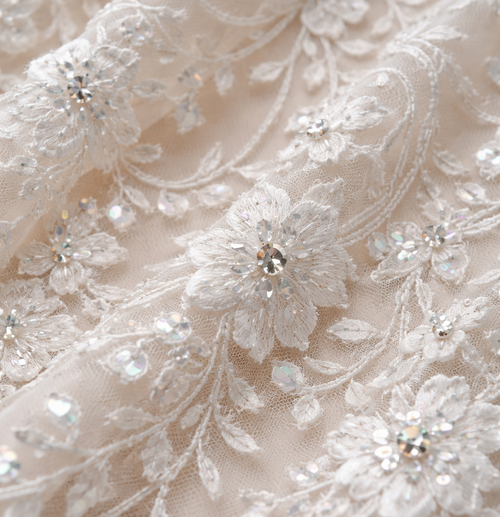 Floral Lace Material for Dresses, Sequins, and Rhinestone Designs