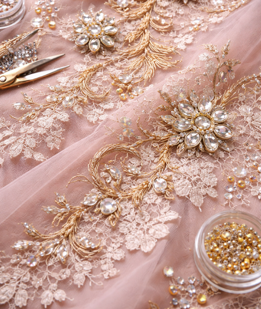 Corded Embroidery Ideas with Lace and Rhinestone Appliques