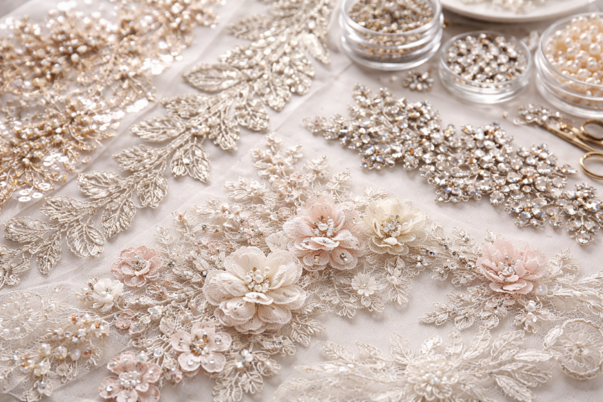 Floral Lace Material and Rhinestone Sequin Appliques